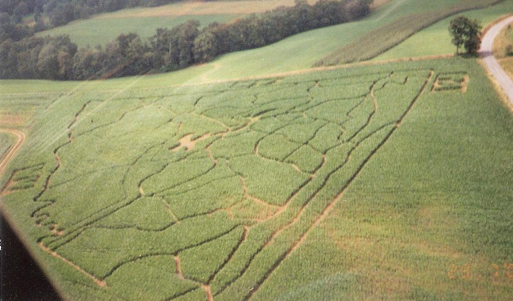 Corn maze design depicting Garrett County with Deep Creek Lake